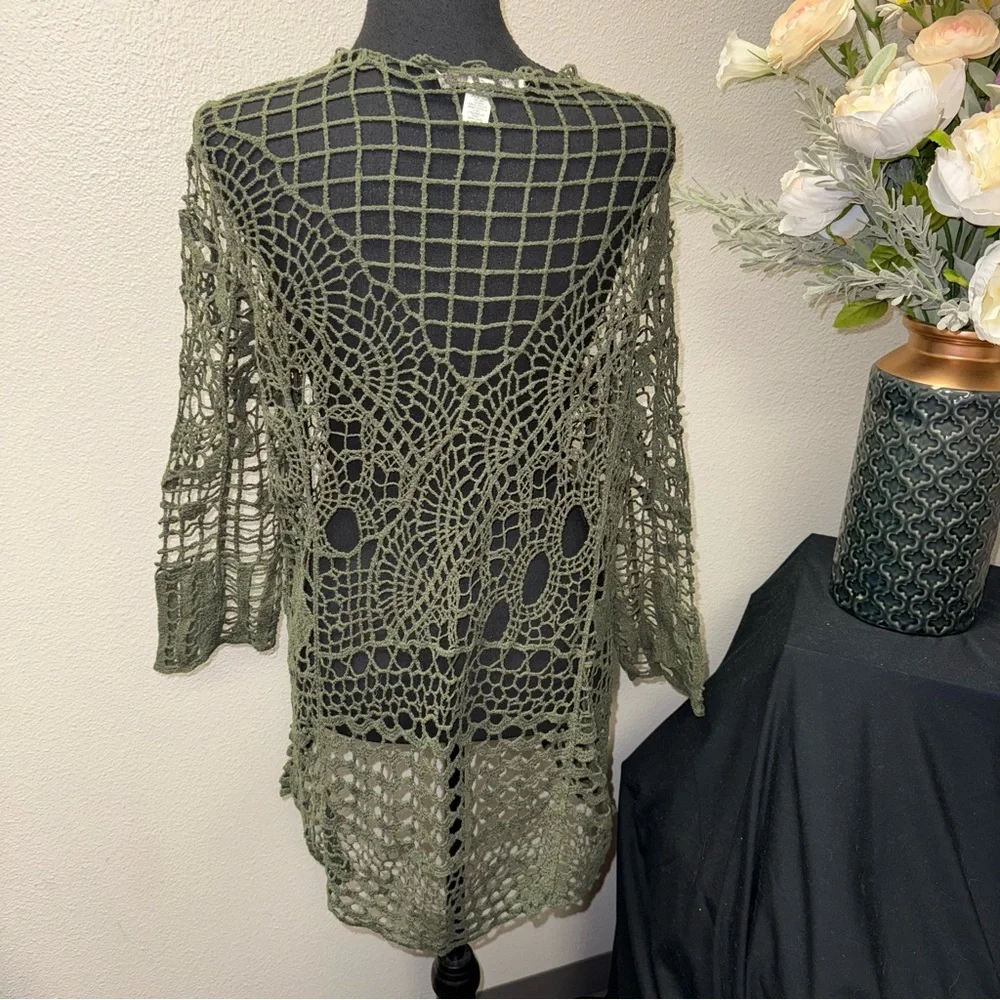 Cato Olive Green Crochet Knit Top Boho Sheer Long Sleeve Festival 14/16W - Picture 3 of 8